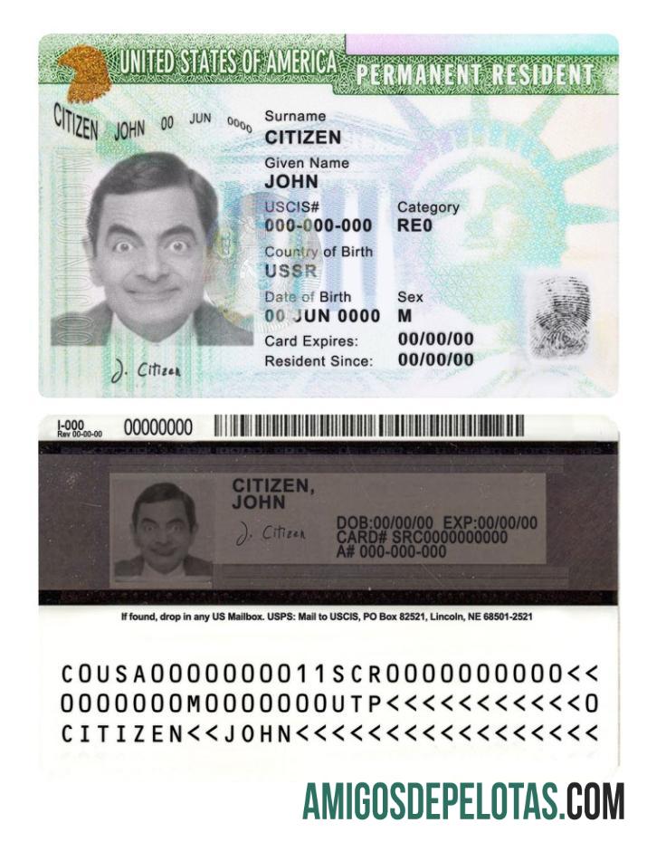 Green Card dos EUA, cartão de residente permanente exemplo